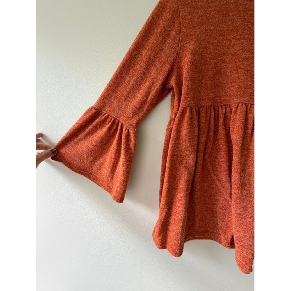 Boho Fall Ces Femme Babydoll Top L Orange Heathered Bell Sleeve Empire Waist - Picture 5 of 6
